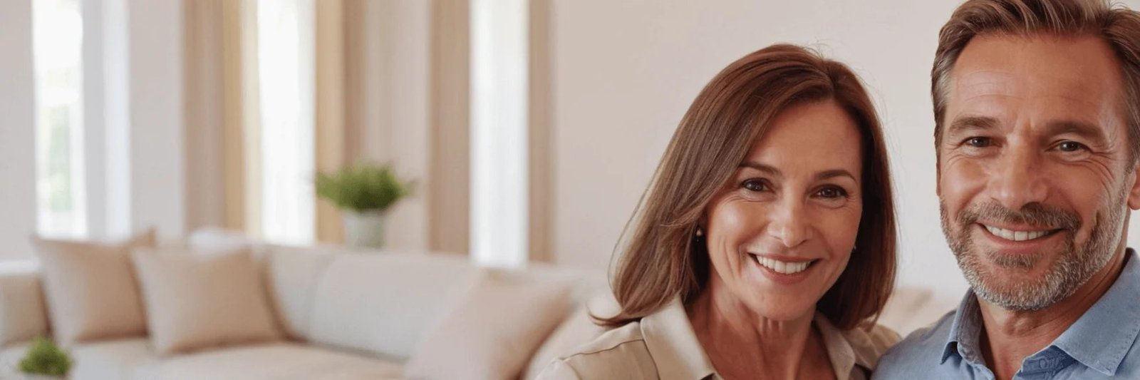 Homeowners smiling in their living room after selling as-is